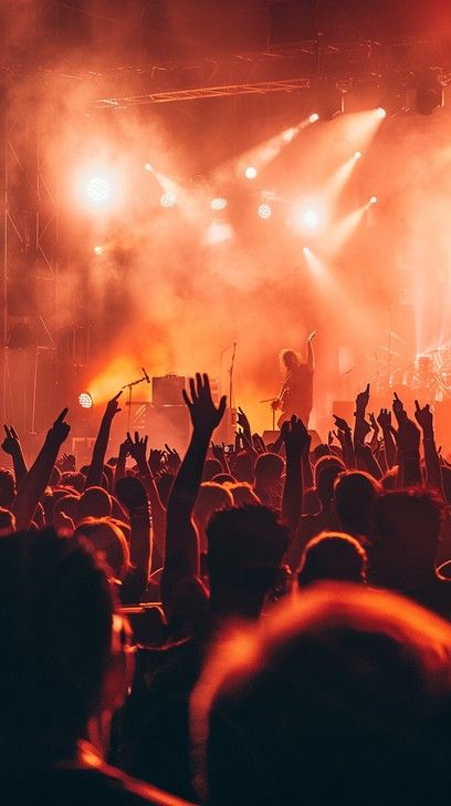 A crowd of fans cheering at a live music concert with orange stage lighting.